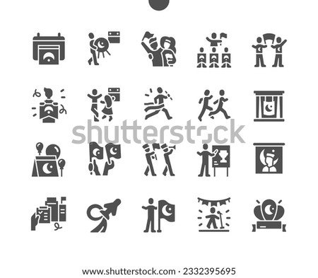 Ataturk Week in Turkey, Youth and Sports Day 19 May. Parade, air show. Sport competitions. Calendar. Vector Solid Icons. Simple Pictogram