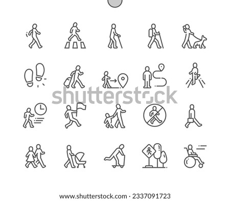 Walking. Person walking, running, jumping. Footprint. Couple, friends, parents. Pixel Perfect Vector Thin Line Icons. Simple Minimal Pictogram