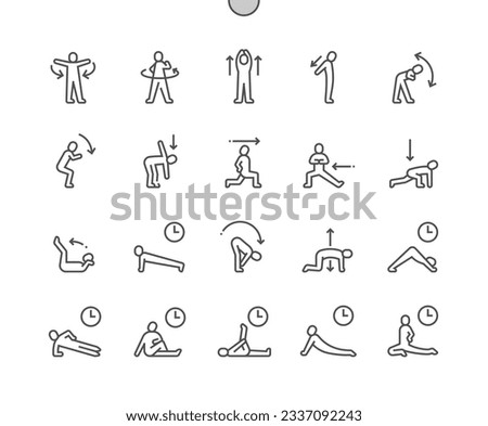 Warmup and stretching exercise. Chest stretch. Low lunge twist. Side plank. Pigeon pose. Pixel Perfect Vector Thin Line Icons. Simple Minimal Pictogram