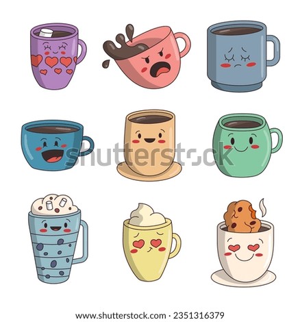 Cup character cartoon. Fragrant coffee mug. Vector drawing. Collection of design elements.