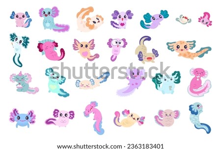 Cute cartoon axolotl character. Funny underwater aquatic animal. Happy and cheerful emotions. Vector drawing. Collection of design elements.