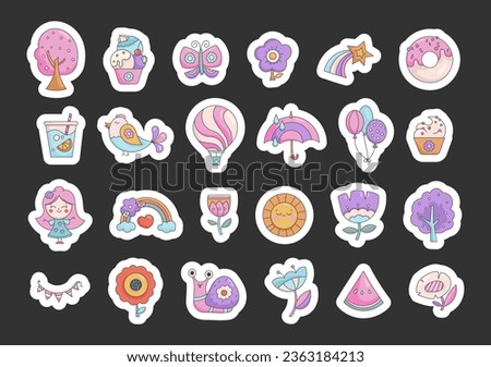 Summer time of the year. Sticker Bookmark. Cute rainbow, flower, butterfly, balls, bird, cupcake, sun and more. Vector drawing. Collection of design elements.