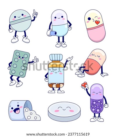 Cute cartoon character pills. Healthcare and medicine. Funny tablets with smiley face. Hand drawn style. Vector drawing. Collection of design elements.