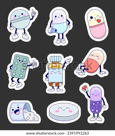 Cute cartoon character pills. Sticker Bookmark. Healthcare and medicine. Funny tablets with smiley face. Hand drawn style. Vector drawing. Collection of design elements.