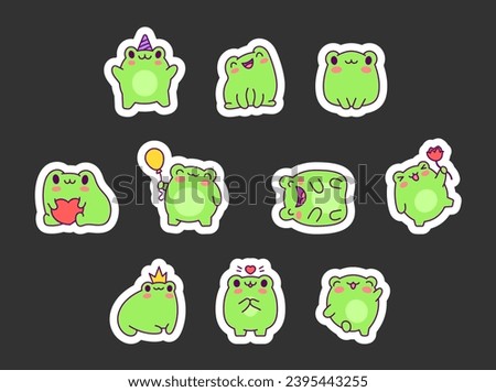 Kawaii frog cartoon character. Sticker Bookmark. Cute reptile animal. Hand drawn style. Vector drawing. Collection of design elements.