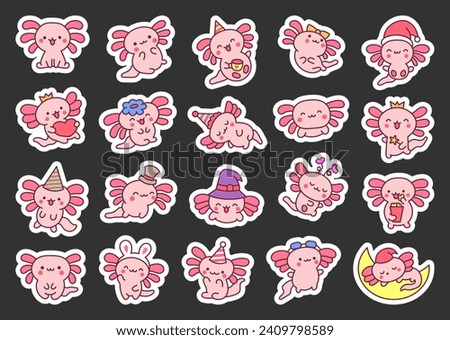 Cute kawaii little axolotl. Sticker Bookmark. Smiling nice cartoon animal character. Hand drawn style. Vector drawing. Collection of design elements.