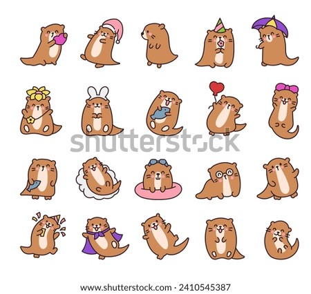 Cute cartoon kawaii otter. Animal funny characters. Hand drawn style. Vector drawing. Collection of design elements.