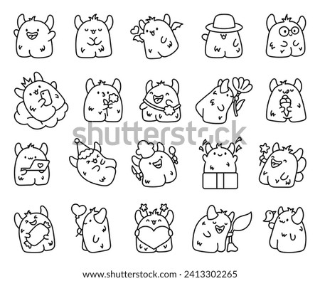 Funny kawaii monster cartoon. Coloring Page. Cute fantastic character. Hand drawn style. Vector drawing. Collection of design elements.