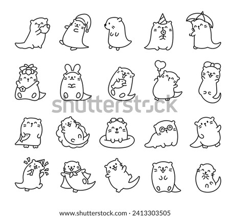 Cute cartoon kawaii otter. Coloring Page. Animal funny characters. Hand drawn style. Vector drawing. Collection of design elements.