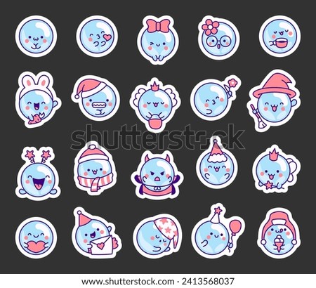Cute kawaii soap bubble character. Sticker Bookmark. Circle shape child bath mascot with face. Hand drawn style. Vector drawing. Collection of design elements.