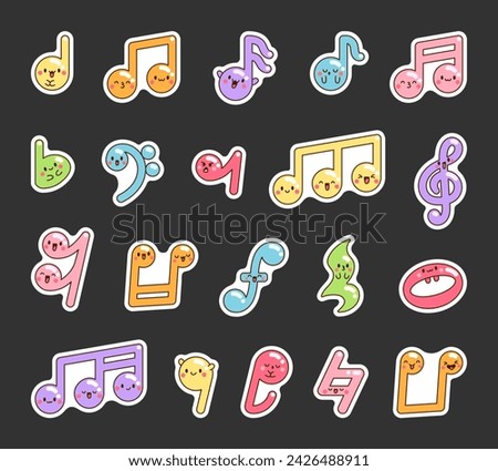 Cute kawaii music notes. Sticker Bookmark. Funny cartoon character. Hand drawn style. Vector drawing. Collection of design elements.