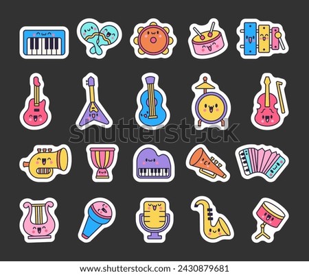 Cute musical instruments with happy face. Sticker Bookmark. Cartoon kawaii character. Funny music stuff. Hand drawn style. Vector drawing. Collection of design elements.