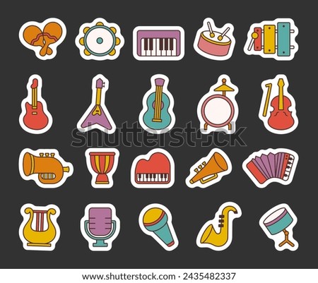 Musical instruments. Sticker Bookmark. Music stuff for classical orchestra. Hand drawn style. Vector drawing. Collection of design elements.