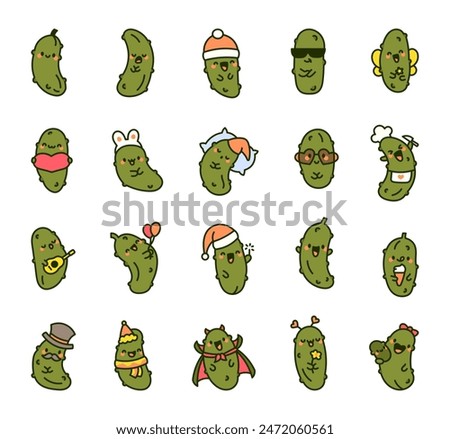 Charming kawaii cucumber. Funny cartoon character. Hand drawn style. Vector drawing. Collection of design elements.