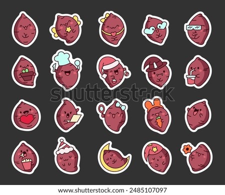 Cute kawaii sweet potato with funny face. Sticker Bookmark. Adorable cartoon food character. Hand drawn style. Vector drawing. Collection of design elements.