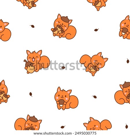 Cute kawaii squirrel. Seamless pattern. Funny forest wild cartoon animal characters. Hand drawn style. Vector drawing. Design ornaments.