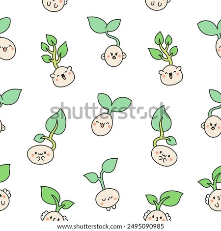 Cute kawaii seed with roots. Seamless pattern. Bean sprout. Cartoon plant gardening characters. Hand drawn style. Vector drawing. Design ornaments.