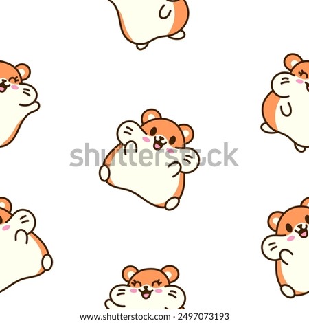 Cute kawaii hamster. Seamless pattern. Cartoon funny animals character. Hand drawn style. Vector drawing. Design ornaments.