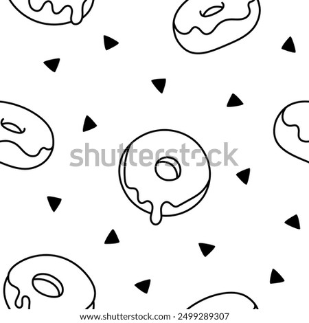 Donuts with glaze. Seamless pattern. Coloring Page. Sweet doughnuts. Chocolate confectionery. Hand drawn style. Vector drawing. Design ornaments.