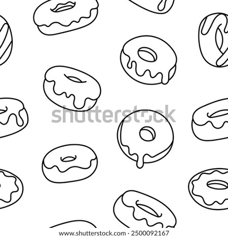 Donuts with glaze. Seamless pattern. Coloring Page. Sweet doughnuts. Chocolate confectionery. Hand drawn style. Vector drawing. Design ornaments.