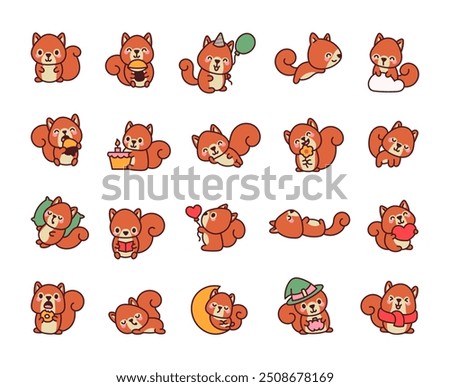 Charming squirrel character. Funny forest animal. Hand drawn style. Vector drawing. Collection of design elements.