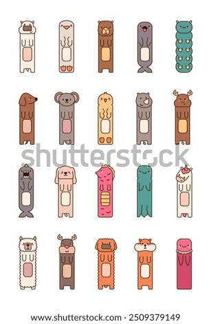 Funny animal bookmarks. Cartoon characters for reading books. Hand drawn style. Vector drawing. Collection of design elements.