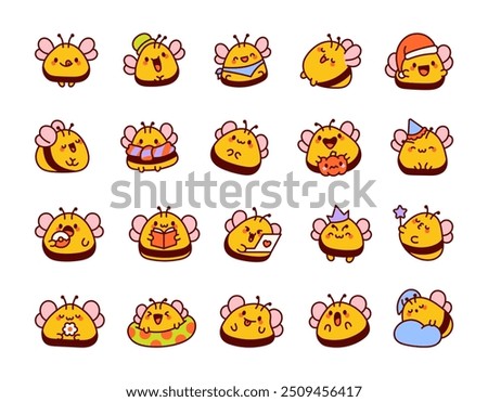 Happy kawaii bee. Funny cartoon characters. Hand drawn style. Vector drawing. Collection of design elements.