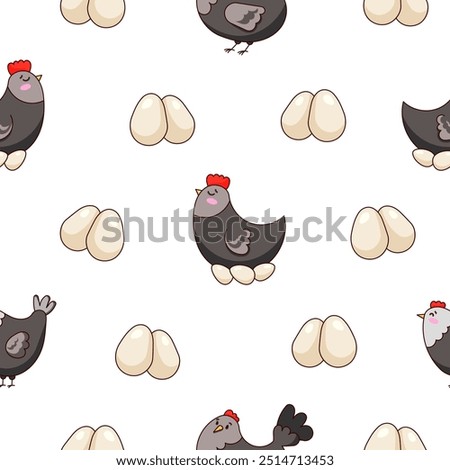 Hen rooster and chick. Seamless pattern. Cute chicken farm characters. Vector drawing. Design ornaments.