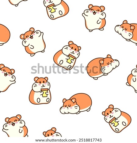 Cute kawaii hamster. Seamless pattern. Cartoon funny animals character. Hand drawn style. Vector drawing. Design ornaments.