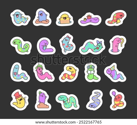 Kawaii worm with arms. Sticker Bookmark. Funny cartoon character. Hand drawn style. Vector drawing. Collection of design elements.