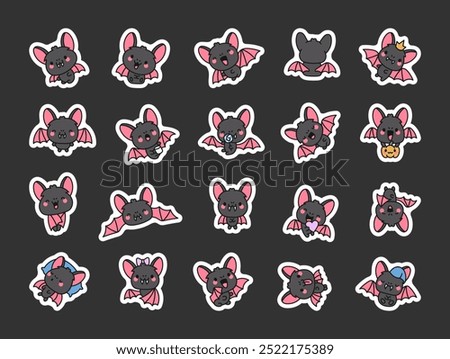 Bat with spread wings. Sticker Bookmark. Creepy cute cartoon character. Hand drawn style. Vector drawing. Collection of design elements.