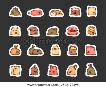 Burlap sack with different fills. Sticker Bookmark. Textile bag for foods. Hand drawn style. Vector drawing. Collection of design elements.