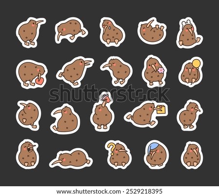 Cute kiwi bird. Sticker Bookmark. Friendly cartoon character. Hand drawn style. Vector drawing. Collection of design elements.