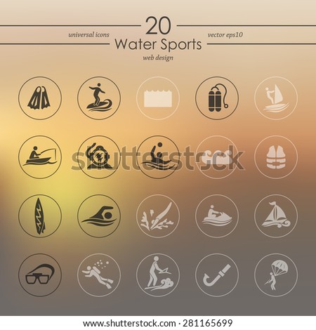 water sports modern icons for mobile interface on blurred background