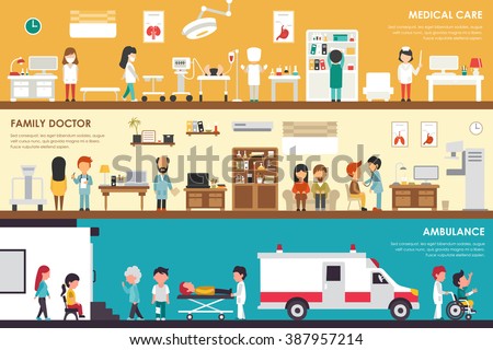 Medical Care Family Doctor Ambulance flat hospital interior outdoor concept web vector illustration. Sugrery, Patients, First Aid, Medicine service Presentations
