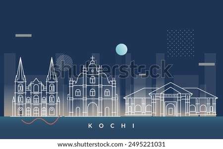 Kochi city Skyline with Famous Places - Stock Illustration as EPS 10 File