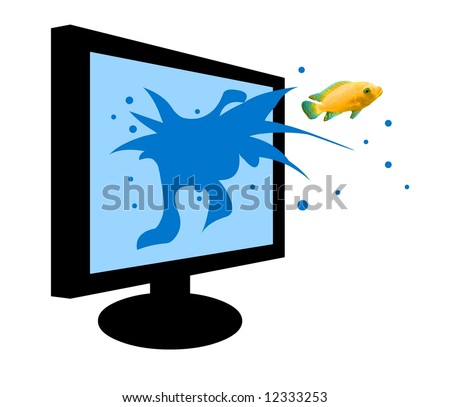 Fish jumping out of a monitor