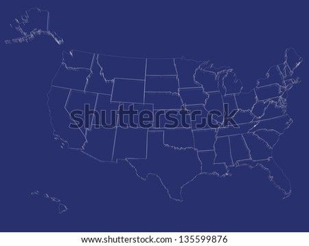 Wired USA map 3d. On blue. With Alaska and Hawaii.