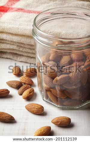 Mason Jar of almond nuts with hessian in background