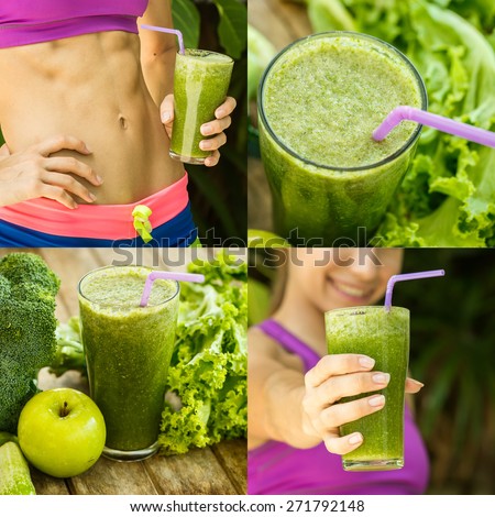 Athletic girl holding a green smoothie, collage