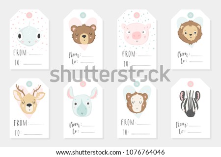 Collection of 8 redy to use tags. Lable set with cute animals and hand drawn lettering on white background, pastel colors. Wedding, save the date, baby shower, bridal, birthday. Vector
