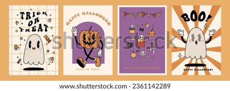 Halloween retro event poster set with funny groovy mascots. A4 format party card for Fall season. Pumpkin, ghost, scull. Groovy autumn poster print template. Vector vintage cartoon style illustrations