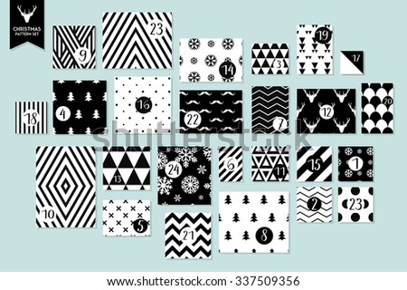 Abstract black and white twenty four various seamless patterns set. Count down till christmas. Advent calendar. Vector