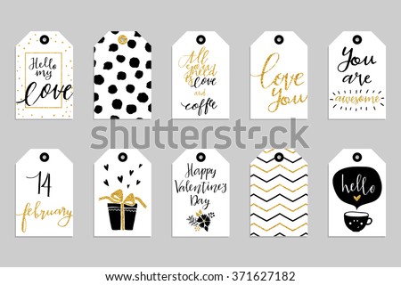 Collection of ten gold texture Valentine day cute ready-to-use gift tags. Set of 10 printable romantic hand drawn holiday label in black white and gold. Vector love badge design