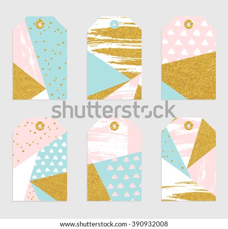6 Abstract hand drawn geometric greeting tags with glitter, sharpen textures, brush painted elements. Cute labels template. Gold, blue, and white colors.