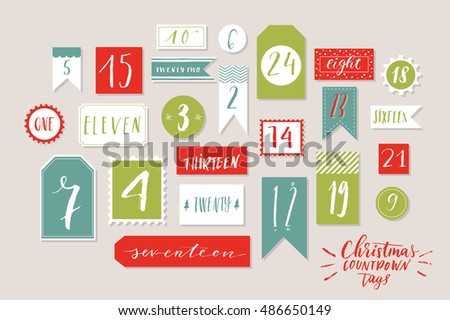 Traditional red, blue and green colored twenty four christmas countdown printable tags collection. Count down till christmas kit. Advent calendar. Vector illustration
