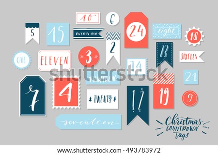 Red, blue and white colored twenty four christmas countdown printable tags collection. Count down till christmas kit. Advent calendar. Vector illustration