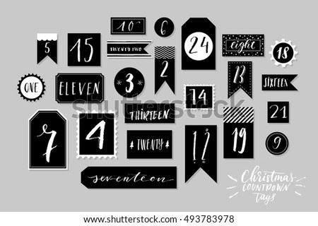 Abstract black and white twenty four christmas countdown printable tags collection. Count down till christmas kit. Advent calendar. Vector illustration