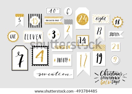 Abstract black, white and golg colored twenty four christmas countdown printable tags collection. Count down till christmas kit. Advent calendar. Vector illustration