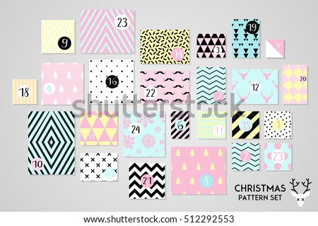 Abstract pink, blue and yellow colored twenty four various seamless patterns set. Count down till christmas collection. Advent calendar. Vector